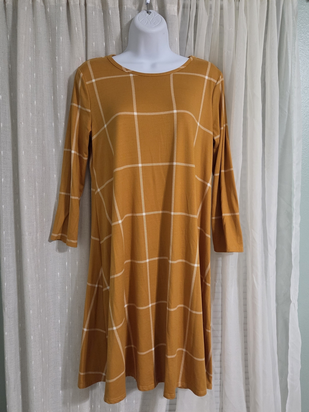 Women's Mustard Midi Dress with Three-Quarter Sleeves